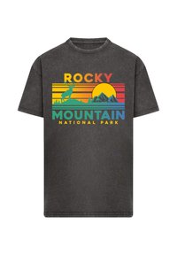 Dark gray t-shirt featuring a colorful graphic design with the text "ROCKY MOUNTAIN NATIONAL PARK," depicting a deer, sun, and mountains.