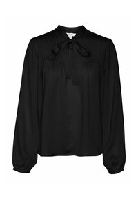 Blouse noire avec manches longues bouffantes, col haut, et fermeture par nœud. Présente des plis verticaux le long du corsage pour ajouter de la texture.