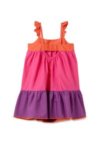 Buntes Kleid mit orangenem Oberteil, fransigen Trägern und einem mehrlagigen Rock in Pink und Lila, mit dekorativem orangefarbenem Saum.