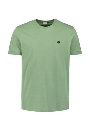 Korte mouwen t-shirt van lichtgroene katoen, met een ronde halslijn en een klein zwart hexagonaal logo op de borst.