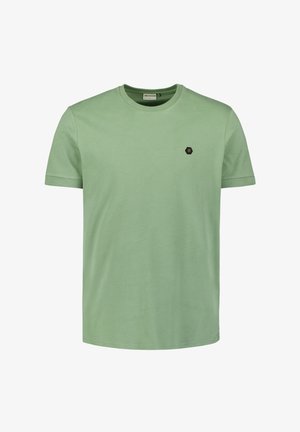 Korte mouwen t-shirt van lichtgroene katoen, met een ronde halslijn en een klein zwart hexagonaal logo op de borst.