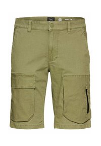 Olivegrüne Cargo-Shorts aus robustem Material, mit zwei seitlichen Taschen, einer Reißverschlusstasche und einem regulären Schnitt.