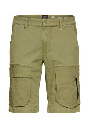 Olijf groene cargoshorts gemaakt van duurzaam materiaal, met twee zijzakken, één met rits en een regular fit ontwerp.
