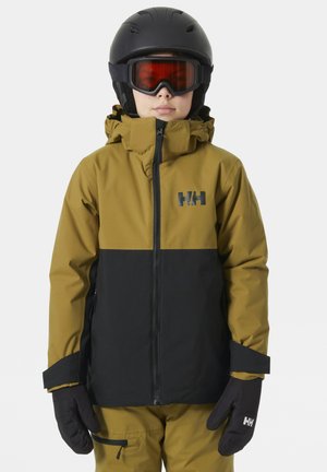 Chaqueta de esquí en verde oliva y negro, hecha de material impermeable. Cuenta con un cierre frontal, capucha ajustable y detalle del logo en el pecho.