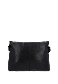 Schwarze Lederhandtasche mit glatter Oberfläche, rechteckiger Form, oberem Reißverschluss und verstellbaren Seitenriemen. Minimalistisches Design ohne Muster.