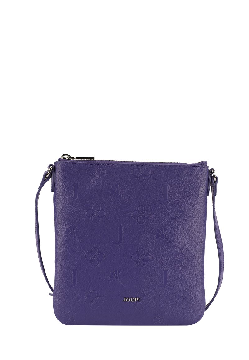 Borsa a tracolla in pelle viola con motivi floreali e 'J' embossati, dotata di una chiusura con zip superiore e di una tracolla regolabile.