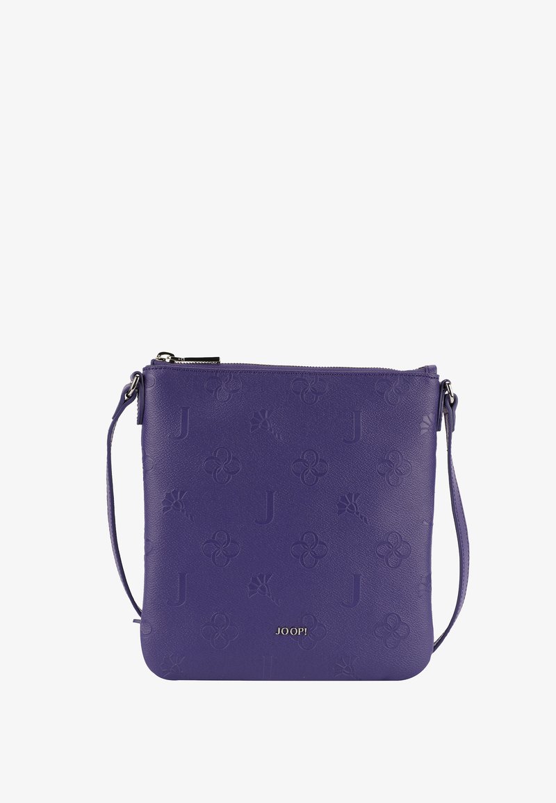 Borsa a tracolla in pelle viola con motivi floreali e 'J' embossati, dotata di una chiusura con zip superiore e di una tracolla regolabile.