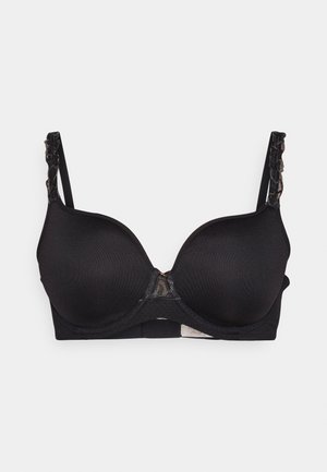 Black padded bra with lace accents on the straps and center. Smooth fabric, underwire support, and hook closure at the back.