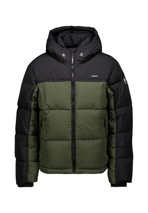 Gehempfte Jacke mit schwarzem Reißverschluss und Kapuze, in olivgrünem Oberkörper. Beinhaltet genähte Einsätze und elastische Bündchen für Wärme.