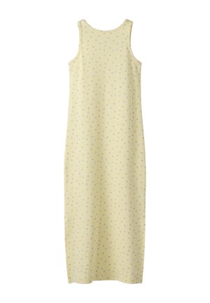 Ærmeløs, lang gul kjole med små, spredte lilla hjertemønstre, ribbet tekstur og en lige, løs pasform.