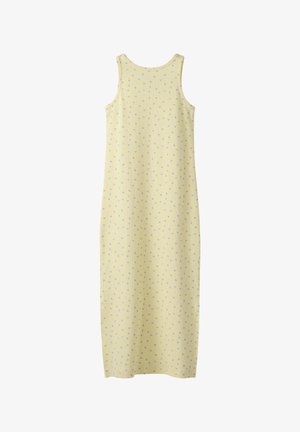 Robe longue jaune sans manches avec de petits motifs de cœurs violets dispersés, texture côtelée, coupe droite et ample.