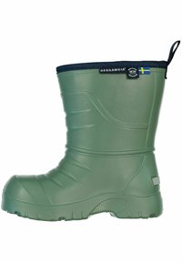 Vihreä vedenpitävä kumitossu, jossa on teksturoitu pinta, vahvistettu kärki ja sininen kangasvarsi. Varusteena logo-tagi ja kestävä pohjamuotoilu.