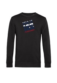 Schwarzes Sweatshirt mit langen Ärmeln, das ein grafisches Design mit weißem und blauem Text zeigt, der "COLD AS ICE" und "FOREIGNER" liest.