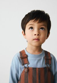 Barnet har en lyseblå sweatshirt på under brune stribede overalls med metalhardware. Overallsene har fastgørelsesclips og en glat tekstur.