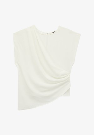 Asymmetrische witte mouwloze top met gedrapeerde stof die aan één zijde is samengebonden en een ronde halslijn.
