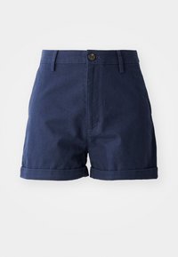 Navyblå bomullsshorts med rullade fållar, framknapp, bältesöljor och dold frontknäppning.