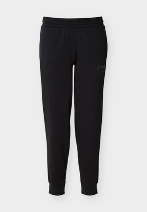 Czarne zwężane spodnie dresowe z elastycznym pasem i ściągaczami, z subtelnym logo Puma na górnej lewej udzie.