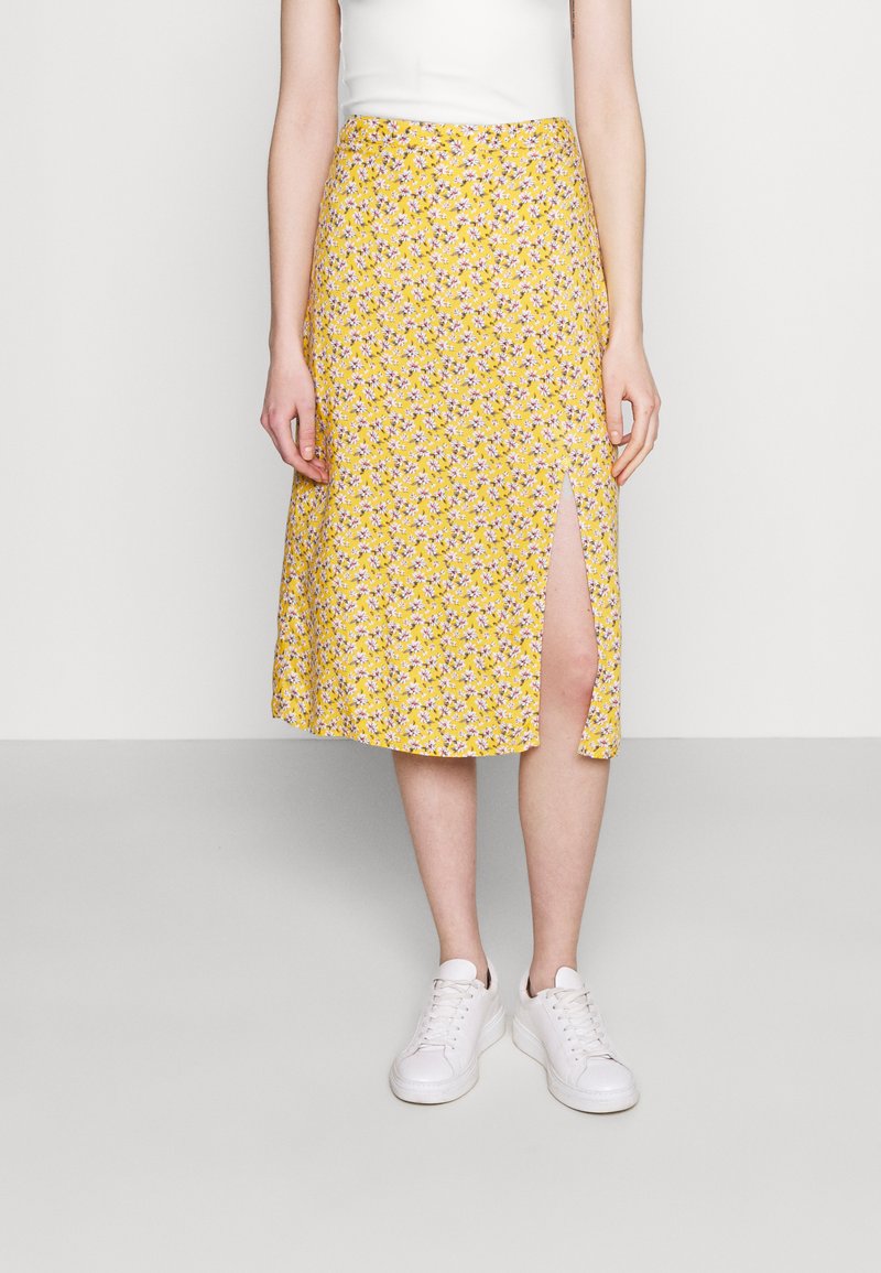 Hollister Co. SLIP MIDI SKIRT ALinienRock yellow floral/gelb