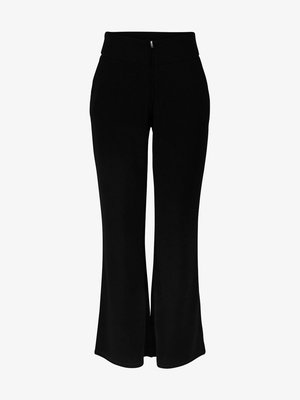 Pantaloni evazați negri, din material moale, cu talie înaltă și fermoar frontal. Au un design evazat cu crăpături laterale la tiv.