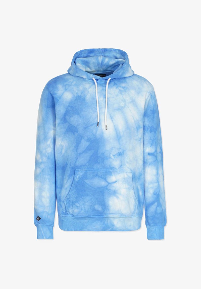 Blue tie-dye hoodie made of soft fabric. Features a front pocket, drawstrings, and ribbed cuffs. Notable pattern variations throughout.