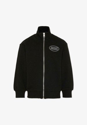 Zwarte jas met rits, met geribbelde kraag, manchetten en zoom, voorzien van een witte "DIESEL"-logo op de bovenkant van de linkerborst.