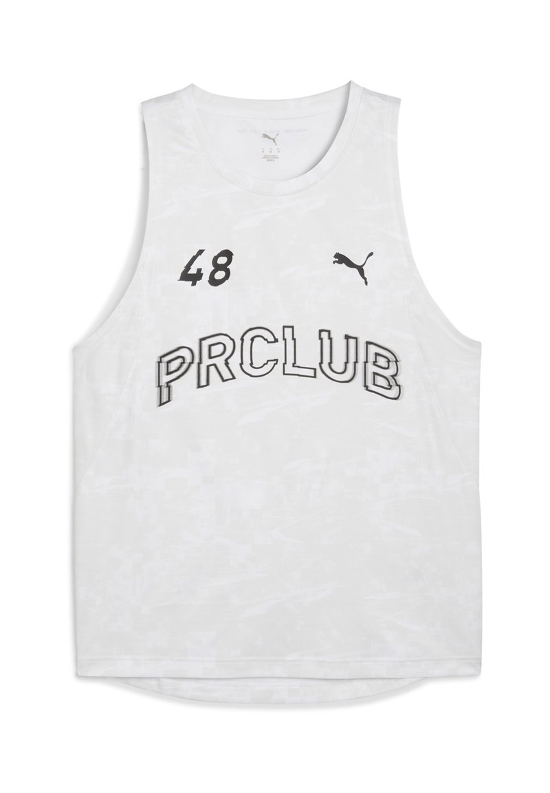 Biała bezrękawnik sportowy z nadrukiem "48" i "PRCLUB" na czarno oraz logo Puma w górnym prawym rogu. Subtelny, teksturowany wzór w całej konstrukcji.