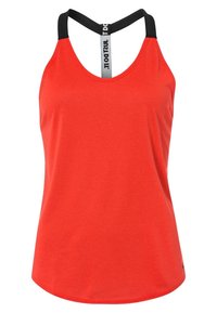 Débardeur de sport rouge sans manches avec bretelles dos nageur noires et détail vertical "Just Do It" sur la bretelle arrière.