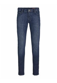 Vaqueros ajustados de denim azul oscuro. Presentan un diseño clásico de cinco bolsillos, un cierre de botón único y detalles de costura sutiles.