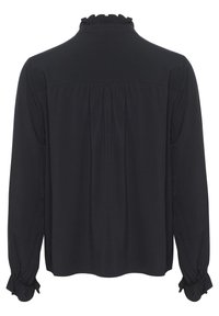 Black long-sleeve blouse with a ruffled collar, gathered back detail, and elasticized cuffs. Smooth texture with a loose fit.