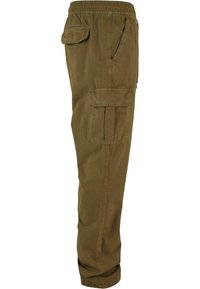 Khaki cargo bukser med elastisk talje. Har flere lommer, et lige ben design og en ensartet tekstur uden mønstre.