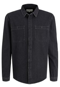 Schwarzes Denim-Hemd mit langen Ärmeln, Knopfleiste, zwei Brusttaschen mit Knöpfen und einem klassischen Kragen.