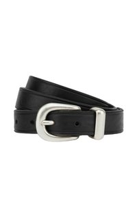 Cintura in pelle nera con fibbia in argento, caratterizzata da una texture liscia, fori regolabili e un design semplice per un uso versatile.