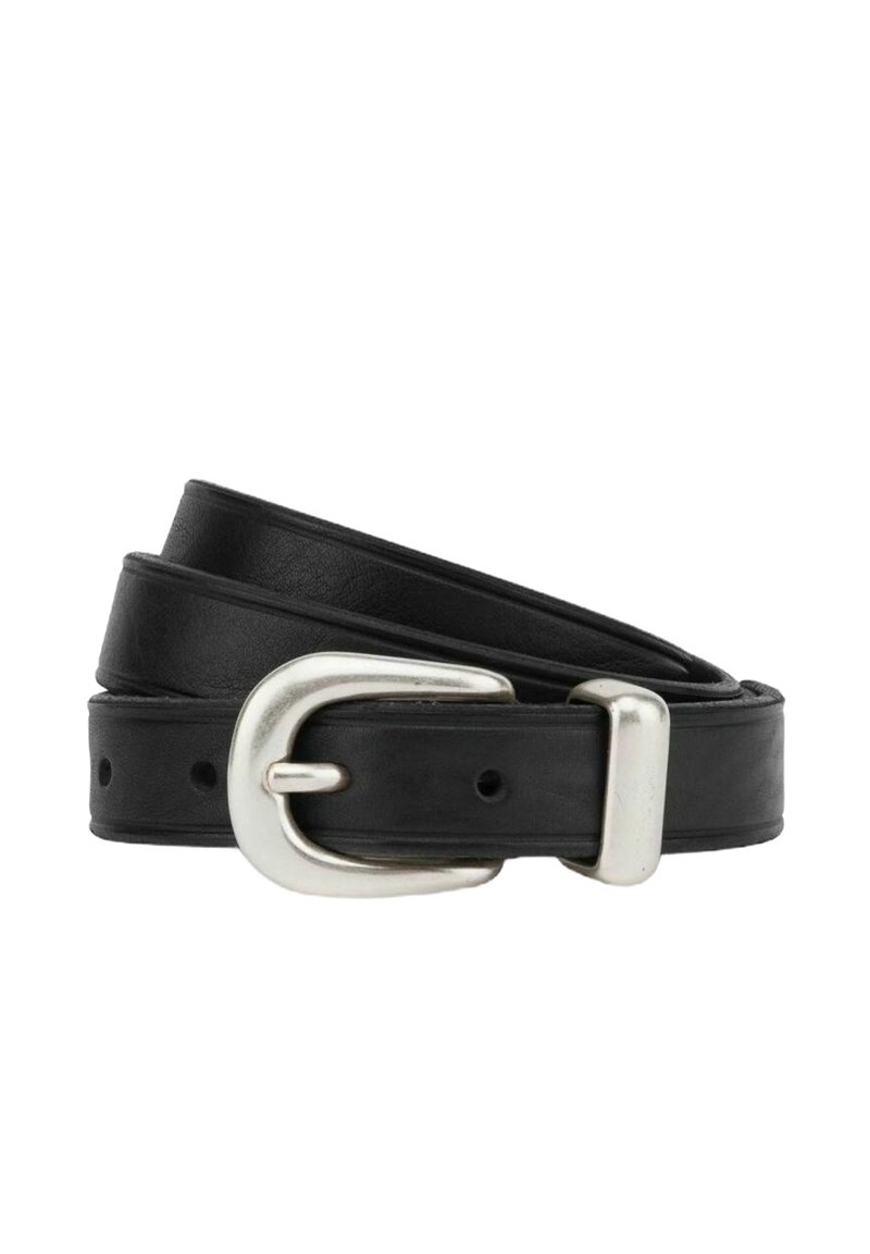Cintura in pelle nera con fibbia in argento, caratterizzata da una texture liscia, fori regolabili e un design semplice per un uso versatile.