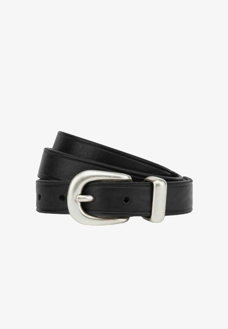 Cintura in pelle nera con fibbia in argento, caratterizzata da una texture liscia, fori regolabili e un design semplice per un uso versatile.
