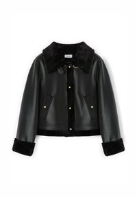 Giacca nera in similpelle con collo, polsini e bordi in pelliccia, dotata di bottoni a pressione dorati e due tasche frontali con patta.