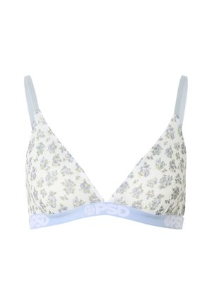 White triangle bra with light blue floral print and light blue adjustable straps and elastic band with "PSD" logo.