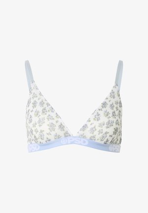 Soutien-gorge triangle blanc avec imprimé floral bleu clair, bretelles ajustables bleu clair et bande élastique avec logo "PSD".