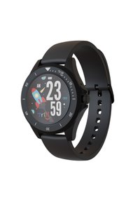 Orologio smartwatch nero con quadrante rotondo, display digitale che mostra l'ora e un design colorato a razzo. Cinturino in silicone con più fori per la regolazione.