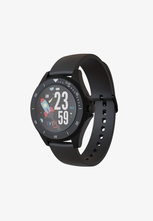 Schwarze Smartwatch mit rundem Ziffernblatt, digitalem Display, das die Uhrzeit und ein buntes Raketendesign zeigt. Silikonarmband mit mehreren Löchern zur Anpassung.