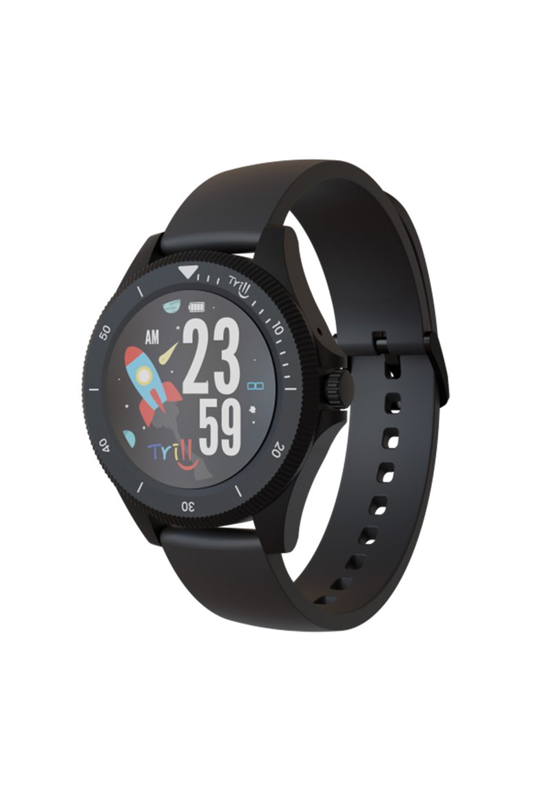 Orologio smartwatch nero con quadrante rotondo, display digitale che mostra l'ora e un design colorato a razzo. Cinturino in silicone con più fori per la regolazione.