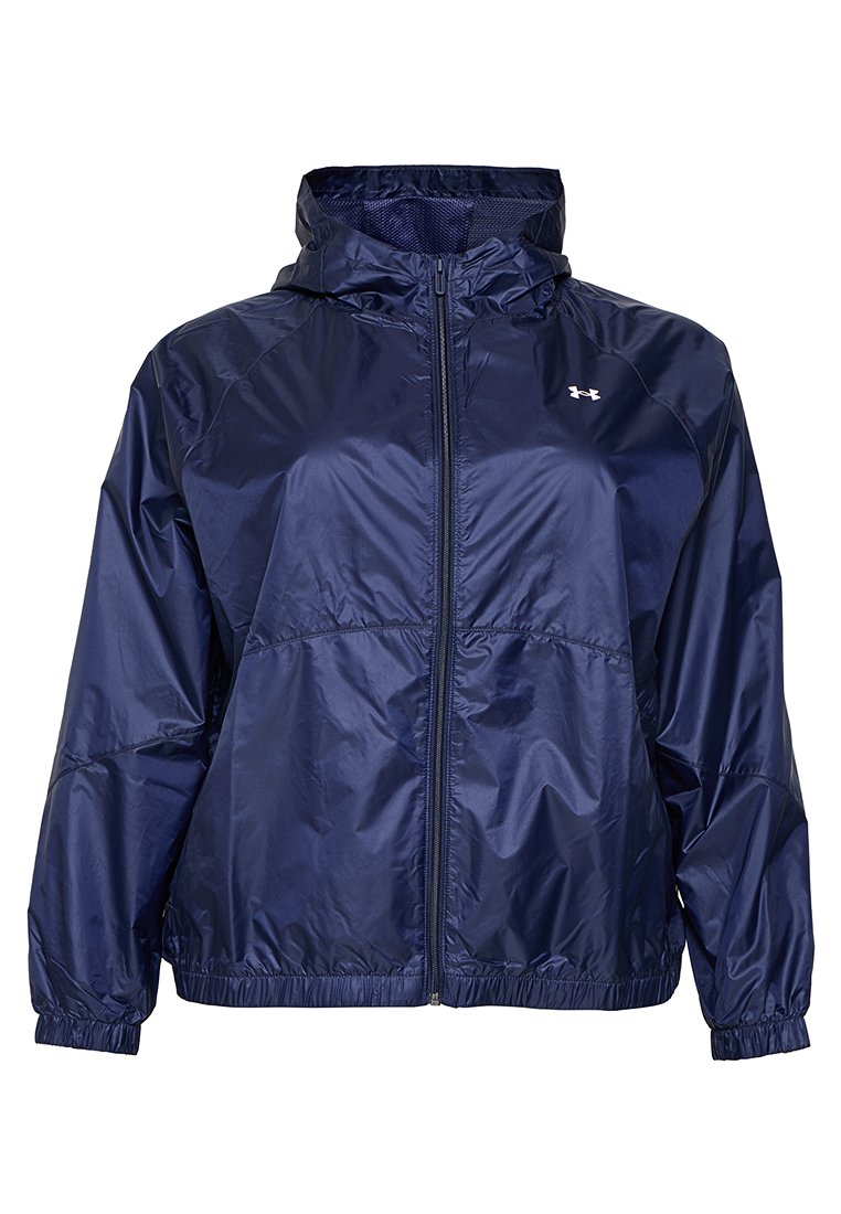 Giacca a vento blu navy realizzata in un materiale leggero e lucido. Presenta una cerniera frontale, un cappuccio e polsini elasticizzati. Design semplice con logo.