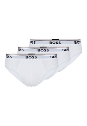 Weiße Baumwollslips im Dreierpack, mit einem schwarz-grauen Markenbund. Das Design ist glatt und hat einen klassischen Slipschnitt.