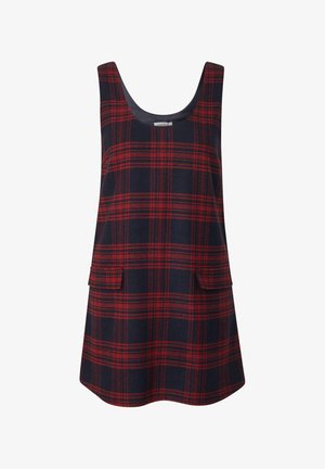 Ärmelloses Kleid im marineblauen und roten Karomuster, mit zwei vorderen Taschen und einem runden Ausschnitt. Hergestellt aus einem strukturierten Stoff.