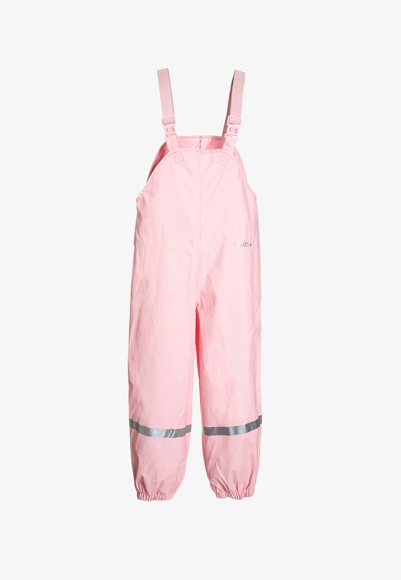 Pink waterproof overalls with adjustable straps, elastic cuffs, and reflective band near the hem for visibility. Smooth, shiny material.