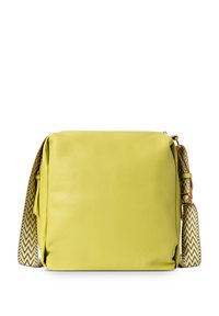 Geel leren schoudertas met een gestructureerde vierkante vorm. Voorzien van een patroon van een verstelbare strap in groen, geel en wit zigzagdesign.