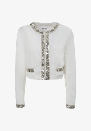 Weiße, kurze Jacke mit langen Ärmeln, verziert mit silberner Pailletten-Bordüre entlang des Kragens und der Vorderseite sowie zwei dekorativen Fronttaschen.