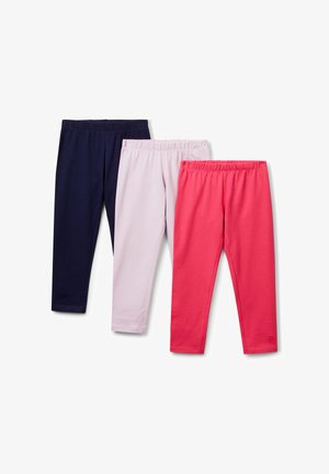 Drei Paar Kinderleggings: marineblau, hellrosa und koralle. Hergestellt aus weicher, elastischer Baumwolle mit elastischen Taillenbündchen.
