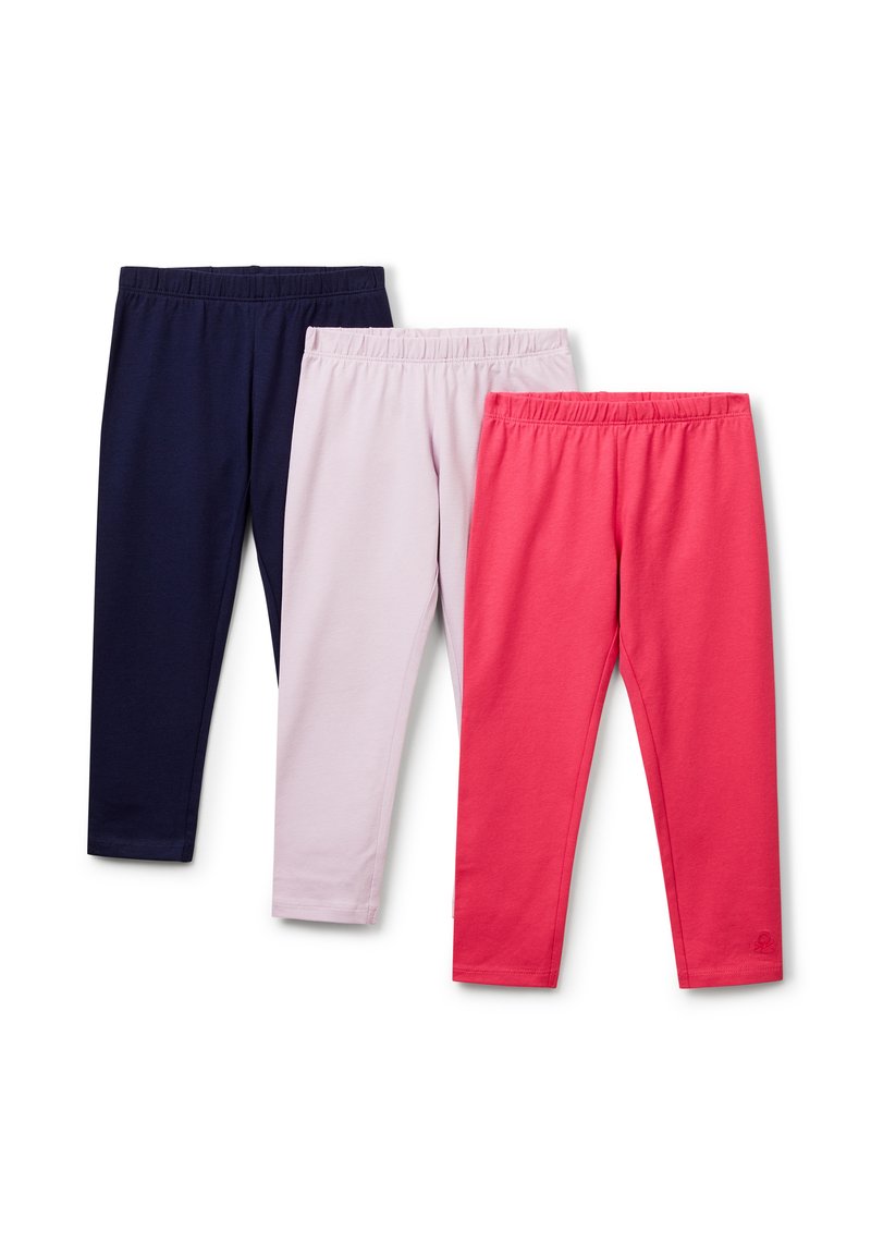Tre paia di leggings per bambini: blu navy, rosa chiaro e corallo. Realizzati in cotone morbido e elasticizzato con life elastiche.