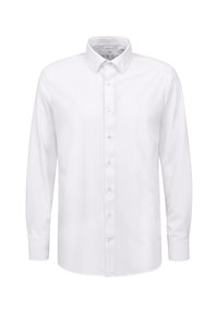Weißes Langarmhemd mit Button-Down-Kragen, aus glattem Stoff gefertigt, mit einer durchgehenden Knopfleiste und klassischer Passform.