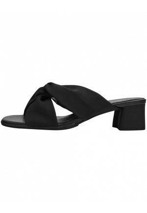 Black satin slide sandal featuring a knotted strap design, open toe, and a wide block heel for stability. Smooth texture throughout.